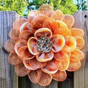 HANDMADE ORANGE BURLAP FLOWER WREATH FOR SALE